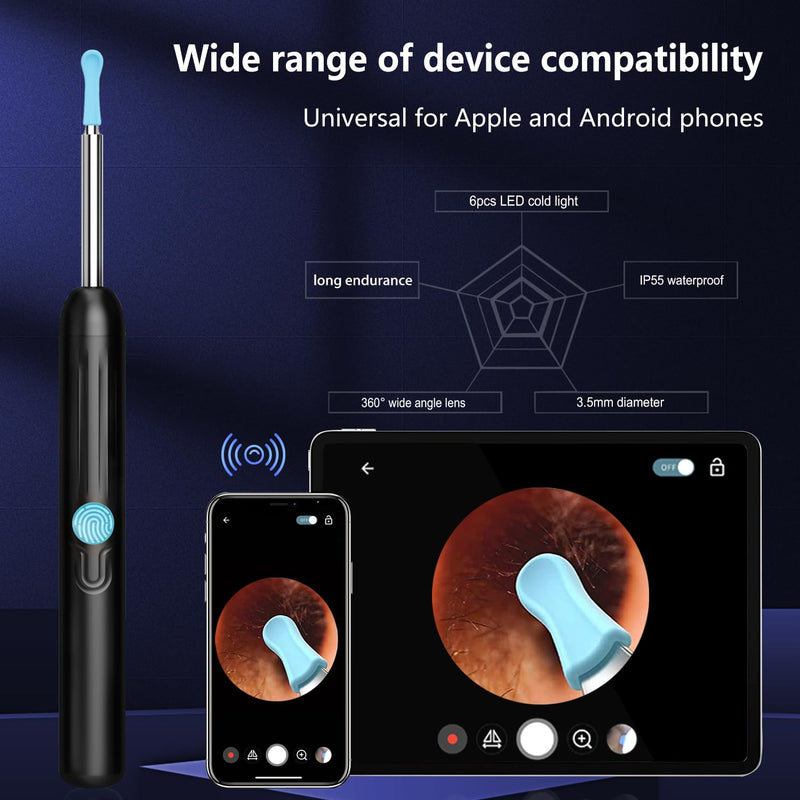 Ear Wax Removal - Ear Cleaner with Camera - Earwax Remover Tool with 8 Pcs Ear Set - Wireless Ear Scope Otoscope with Light - Ear Camera with 6 Ear Spoon - Ear Cleaner (Black) Black - BeesActive Australia