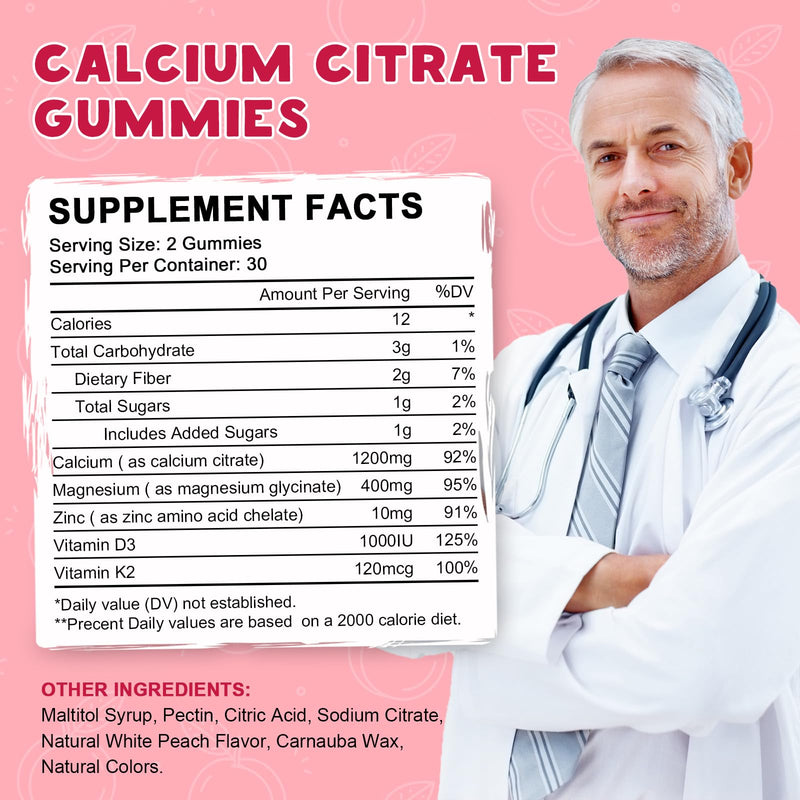 Calcium Citrate 1200mg with Vitamin D3 Supplements Gummies for Women & Men, Calcium Gummies with Vitamin D3 K2, High Absorption for Bone Muscle Healthy- Peach Flavor- 90 Day Supply （3 Pack） 60 Count (Pack of 3)