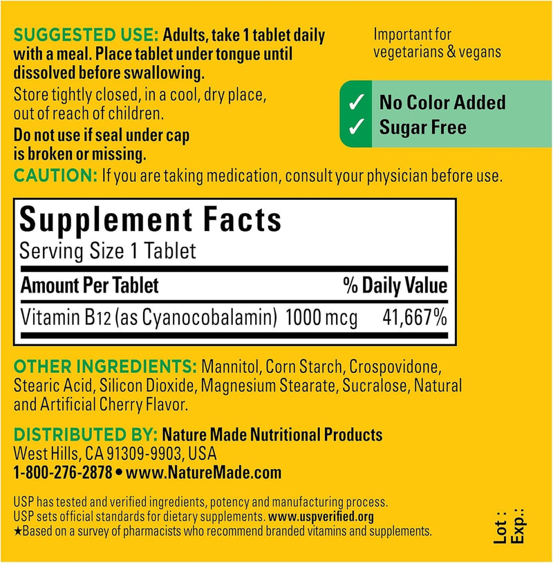 Nature Made Vitamin B-12 1000 MCG Sublingual, 50 Count (Pack of 3) Cherry 50 Count (Pack of 3)