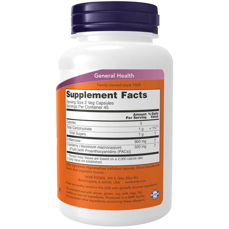 NOW Foods Supplements, Mannose Cranberry, Dual Action Formula*, Clinically Evaluated, Urinary Tract Health*, 90 Veg Capsules 90 count (Pack of 1)