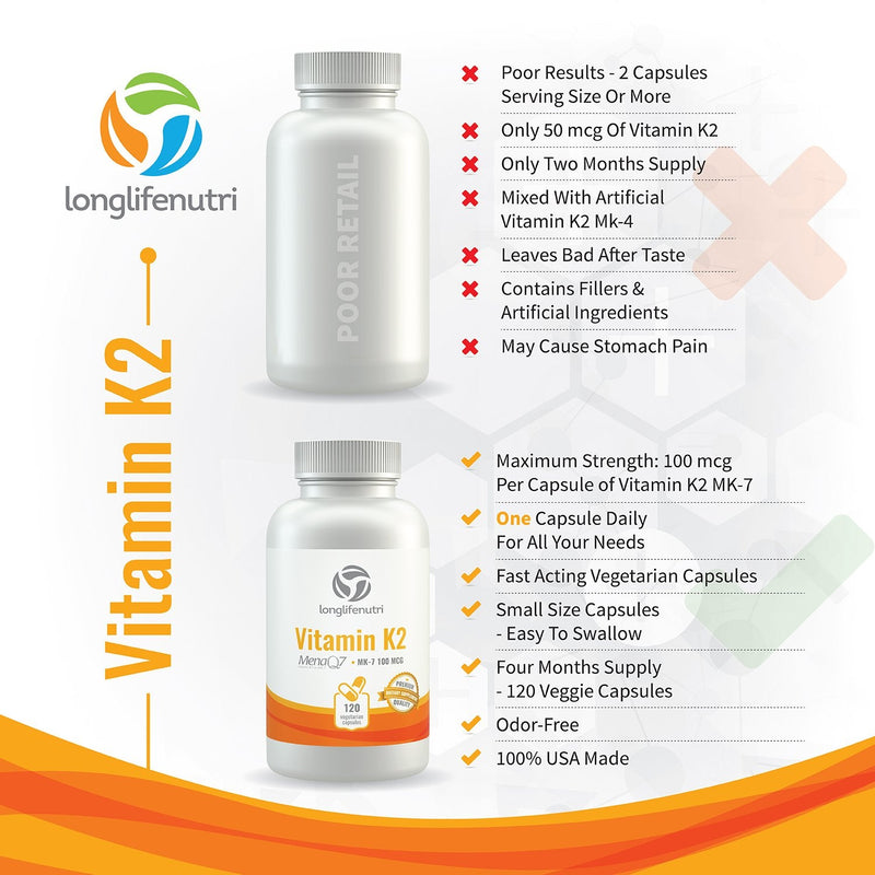 Vitamin K2 MK7 100 Mcg with MenaQ7-120 Veg Caps | from Natto | Heart & Bone Health | Cardiovascular Support | Non-GMO 120 Count (Pack of 1) - BeesActive Australia