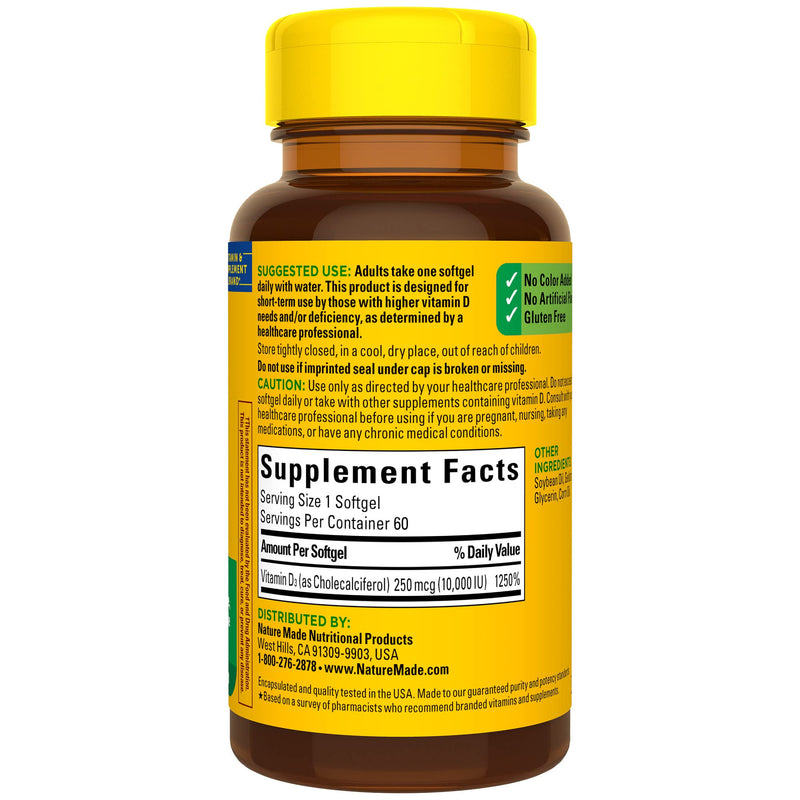 Nature Made Maximum Strength Vitamin D3 10000 IU (250 mcg), Dietary Supplement for Bone, Teeth, Muscle and Immune Health Support, 60 Softgels, 60 Day Supply Unflavored 60 Count (Pack of 1) - BeesActive Australia
