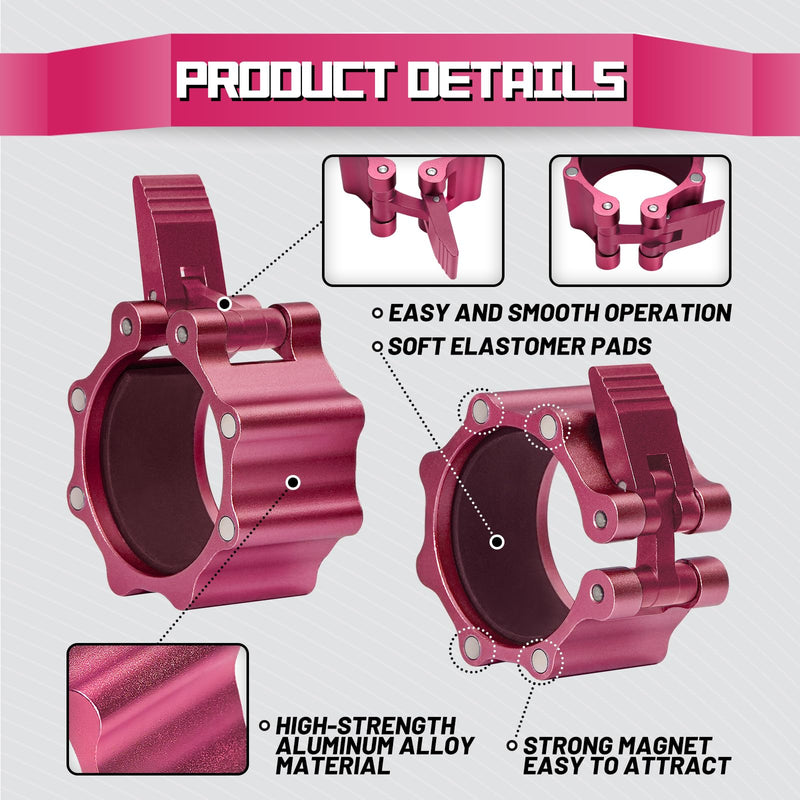 RitFit 2-Inch Magnetic Barbell Collars Locking Clamps - Heavy Duty Aluminum Alloy, Quick Release with Non-Slip TPR Pads for Olympic Weightlifting Powerlifting Training (Pair) Pink