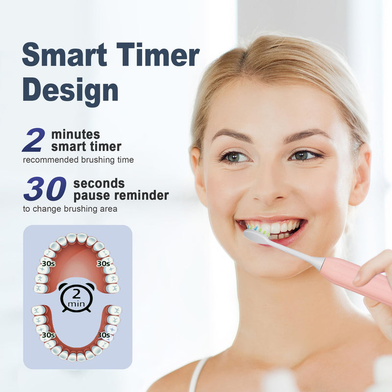 7AM2M Sonic Electric Toothbrush for Adults and Kids, with 8 Brush Heads and Travel Case,5 Modes with 2 Minutes Build in Smart Timer, One Charge Use for 90 Days, Rechargeable Toothbrushes(Pink) Pink