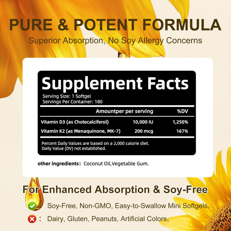 Vitamin D3 K2 Supplement 10,000 IU - High Potency Vitamin D3 with 200 mcg Vitamin K2 MK7-180 Small Softgels for Bone Health, Heart Support & Immune Boost - Non-GMO & Gluten-Free