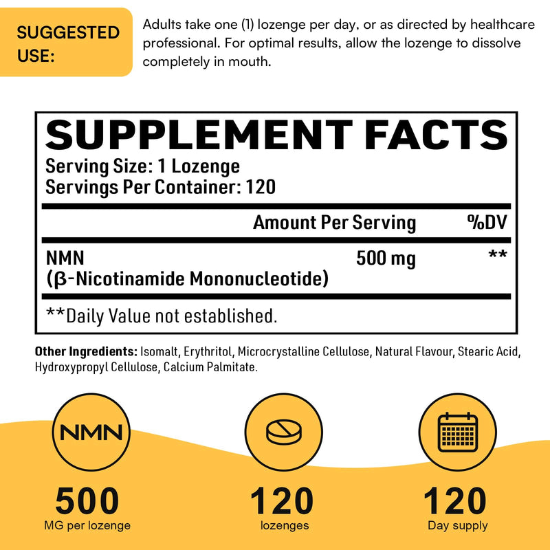 Sublingual NMN 500mg, NMN Supplement（120-Day Supply）, 99% Pure, 120 Lozenge | Max Absorbency & Fast-Acting NMN (Nicotinamide Mononucleotide) for NAD, Cell, Immune, Energy, Muscle, Anti-Aging & Longevity 120 Count (Pack of 1)
