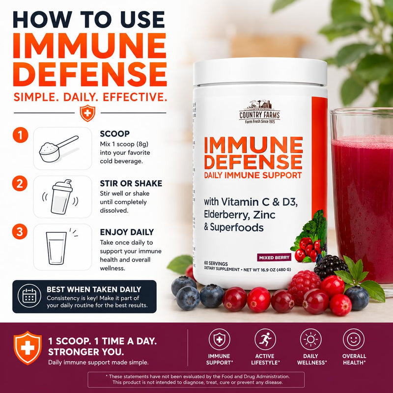 Country Farms Immune Defense Superfoods, Immune Support Supplement, Vitamin C with Black Elderberry, Echinacea, Turmeric, Supports Hydration, with Probiotics and Prebiotics, Berry Flavor, 60 Servings 1.06 Pound (Pack of 1)