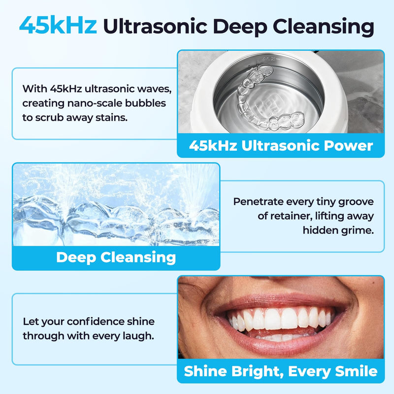 Ultrasonic Retainer Cleaner Machine, Denture Cleaner for Mouth Guard, Night Guard, Aligner, Dentures, Jewelry, Toothbrush Heads, 45kHz 250ML UV Ultrasonic Denture Ultra Sonic Cleaning for Retainers Off White