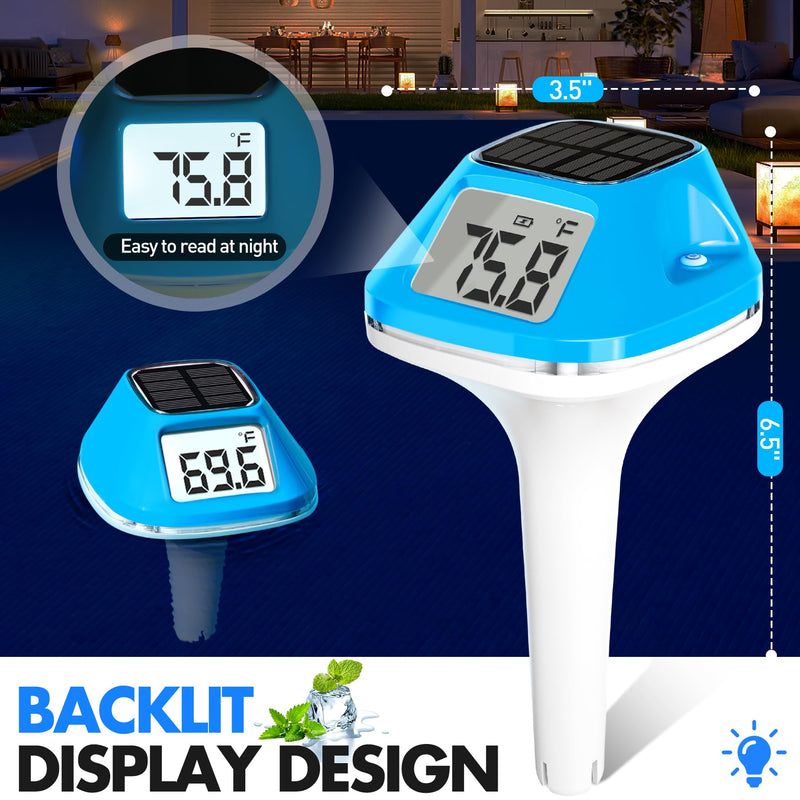 DeeprBlu 2026 New Iteration Solar Digital Pool Thermometer with Rope, Easy Read Extra Large Backilt LCD Display Floating Pool Thermometer, IP68 Waterproof Pools Water Temperature Gauge for Hot tub,Spa Light Blue