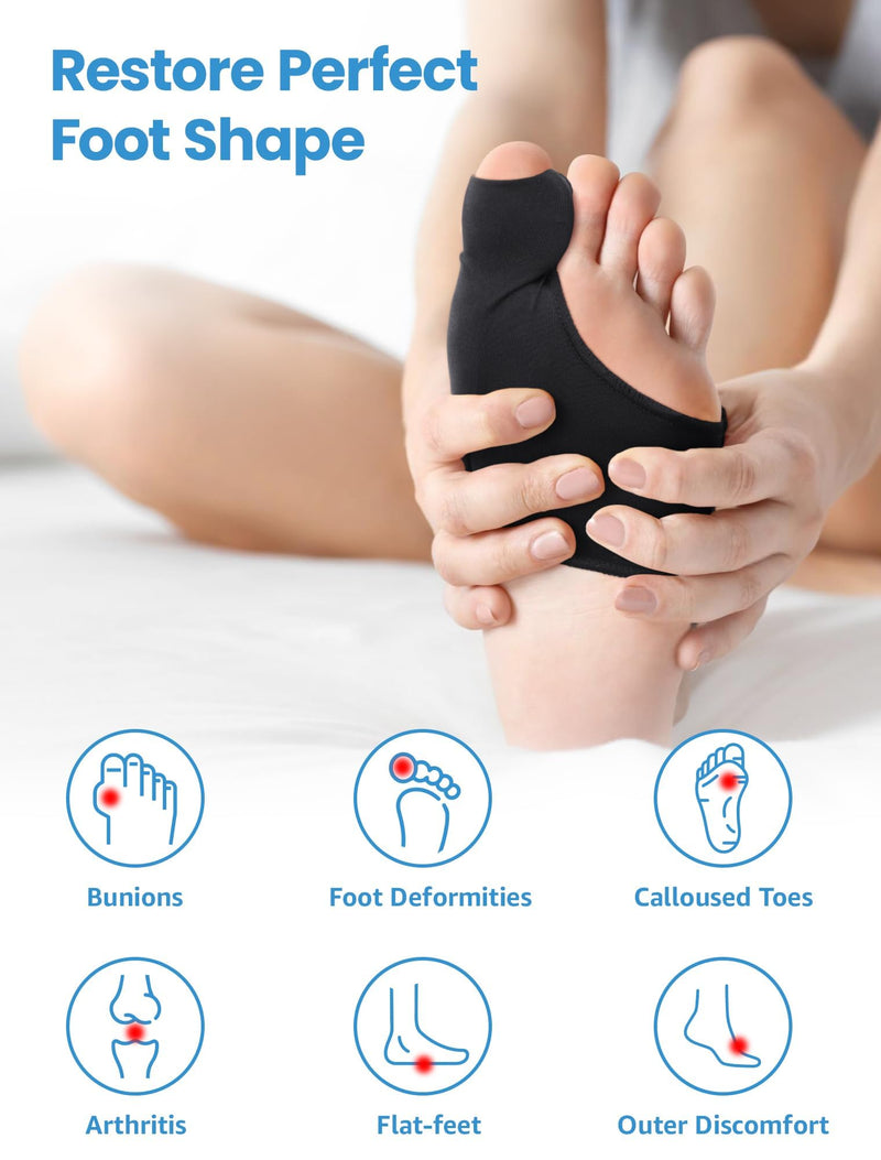 Bunion Corrector for Women and Men, Breathable Big Toe Straightener, Bunion Relief Splint & Pad, Comfortable for Day/Night Use, Fit for R/L, Washable Black-M-2 Pack