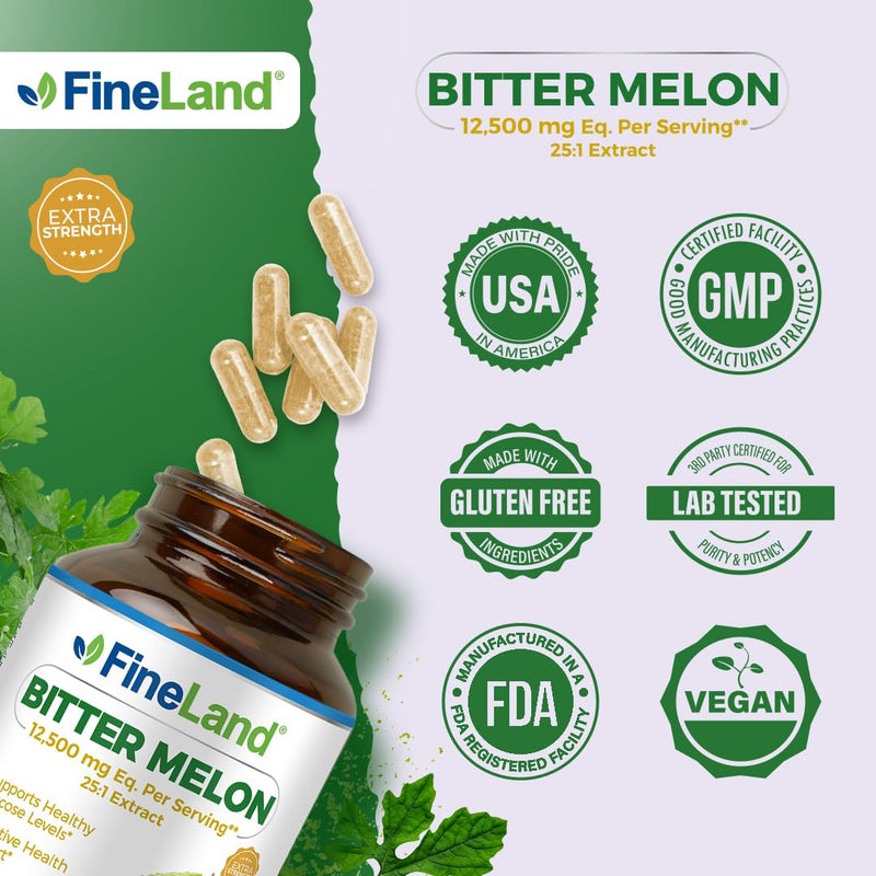 FineLand Bitter Melon 25:1 Extract 12,500mg Strength, 10% Bitter Principles, 160 Vegan Capsules, Supports Digestive Health, Standardized and Concentrated 25X Extract, Non-GMO Made in USA