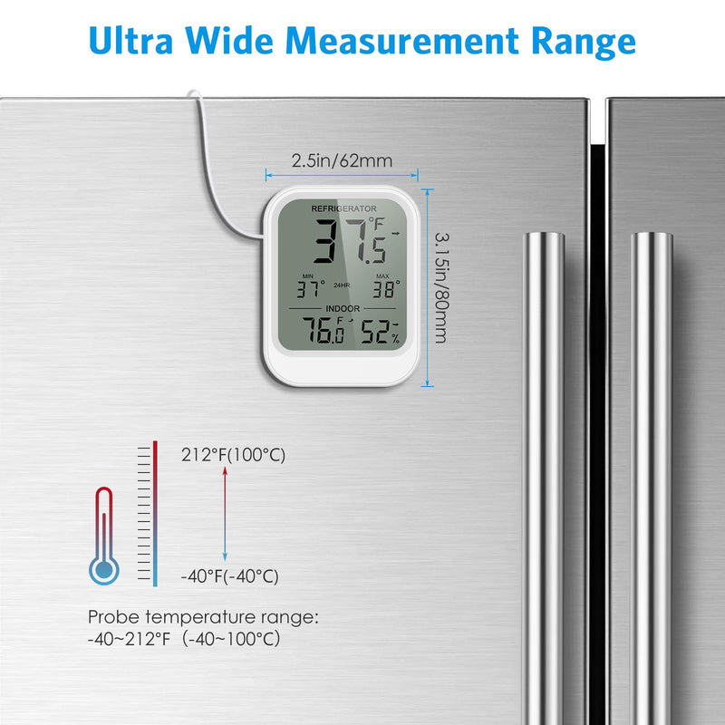 AMIR Digital Fridge Thermometer with Probe, LCD Display, Max/Min Records, Alarm, Digital Thermometer with External Sensor, Magnet, Suction Cup Freezer for Aquarium,Refrigerator,Freeze White - BeesActive Australia