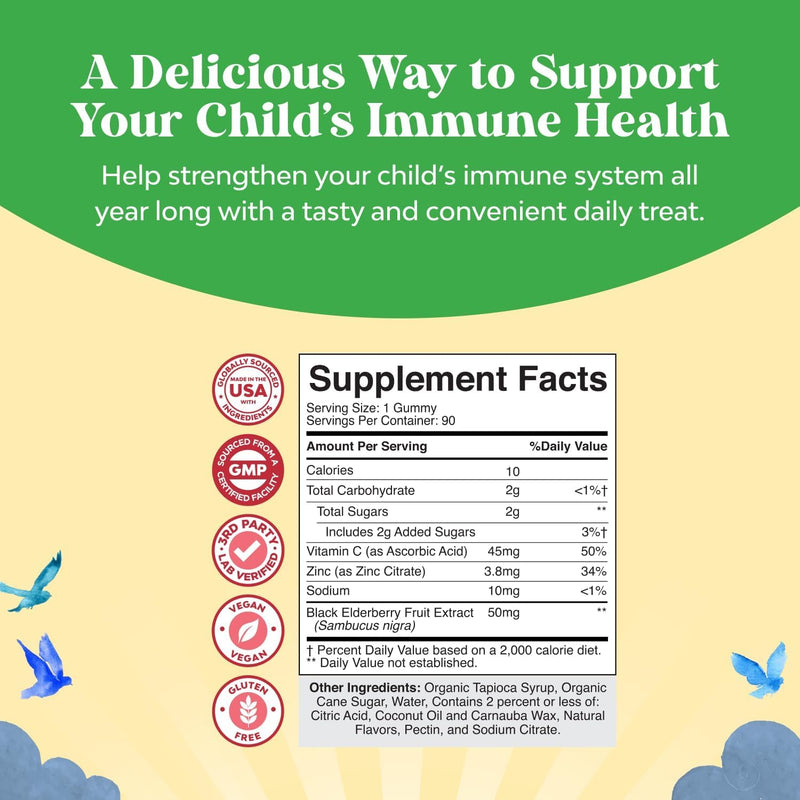 Sambucus Elderberry Gummies for Kids Health - Delicious Black Elderberry Gummies with Zinc and Vitamin C for Kids Immune Support - Gelatin and Gluten Free Non-GMO Immunity Support - 90 Count 90 Count (Pack of 1)