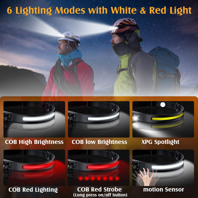 4Pack Headlamp with Case - 230° Wide Beam, Motion Sensor, Red Light, 6 Modes, IPX4 Waterproof Level, Super Lightweight&Portable Rechargeable LED Headlamps for Adults