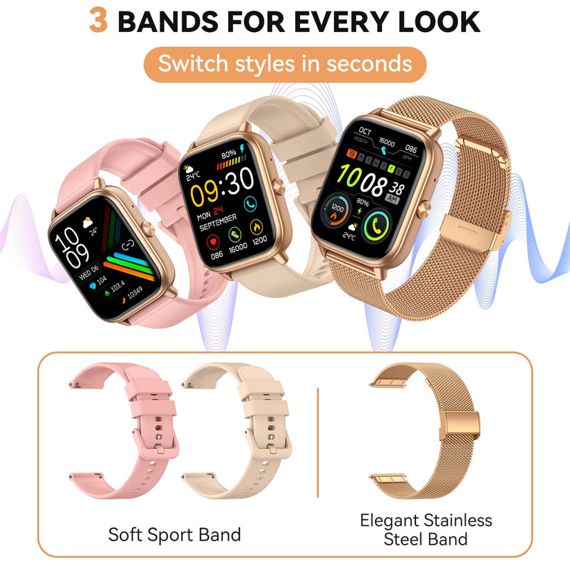Smart Watch for Women Men- 1000mAh Battery Answer/Make Call, Fitness Step Tracker Watch with Sleep Monitor/Activity Counter/110+ Sport Mode for Andriod iPhone iOS Compatible - 3 Straps, Golden 1.83 Modern - BeesActive Australia
