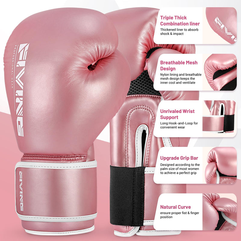 FIVING Women's Pro Style Boxing Gloves for Training Muay Thai Ladies for Sparring,Fighting Kickboxing Good for Punch Bag,Focus Pads and Double End Ball Punching Pink 14 oz