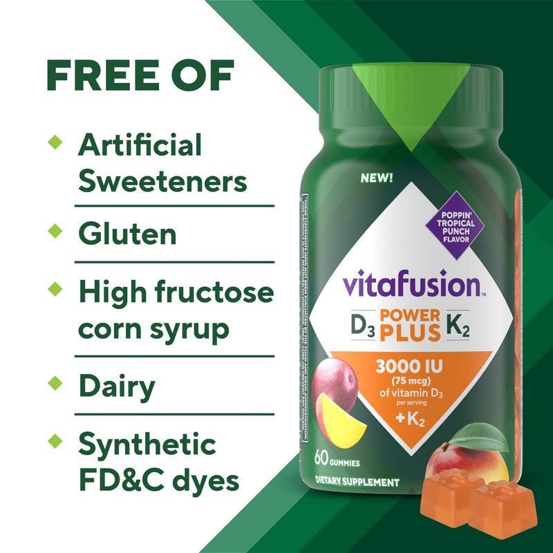 Vitafusion Power Plus Vitamin D3 K2 Gummies | 3000 IU Vitamin D | 60 Count | for Adult Women & Men | Tropical Punch Flavor | Gluten-Free Supplement