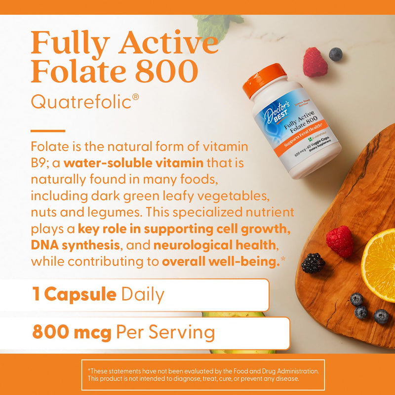 Doctor's Best Folate Supplement 800 mcg for Women & Men - Methylated Folate Capsules 800mcg (5-MTHF), Supports Healthy Fetal Brain Development, Fully Active - 60 Veg Caps 800 mg