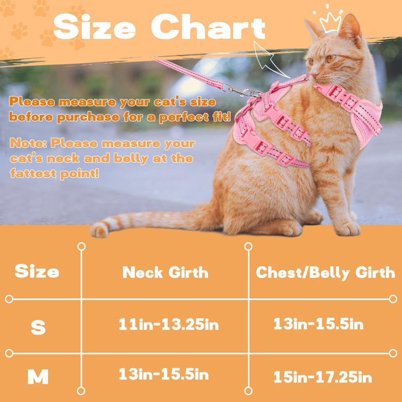 Fully Escape Proof Cat Harness and Leash Set for Walking, Adjustable Soft Kitten Vest with Reflective Strip for Small Medium Large Adult Cats, Breathable Kitty Harness,Pink M M(Neck Girth 13in-15.5in) Pink - BeesActive Australia