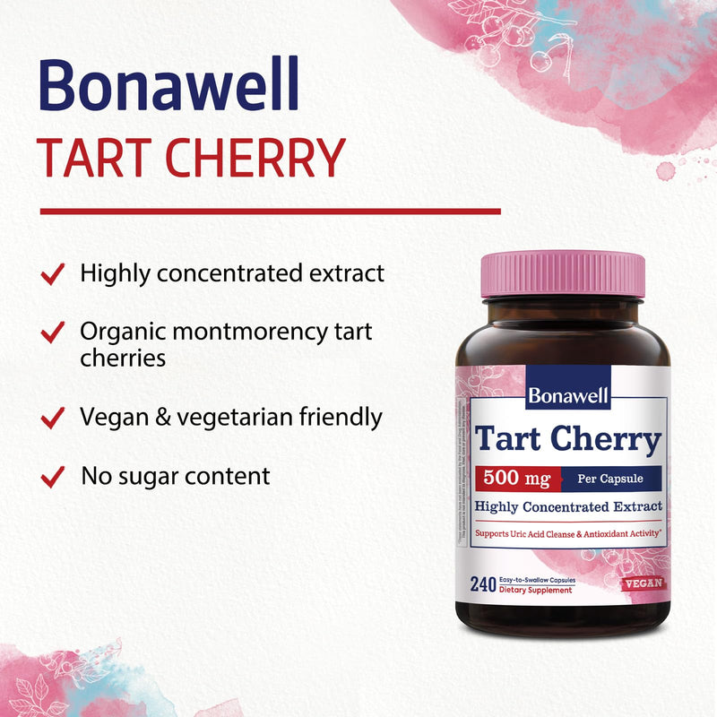 Tart Cherry Capsule, 500mg Extract Per Capsule, 240 Capsules | Made from Montmorency Tart Cherries, Powerful Uric Acid Cleanse, Antioxidant Support, 2 Month Supply 240 Count (Pack of 1)
