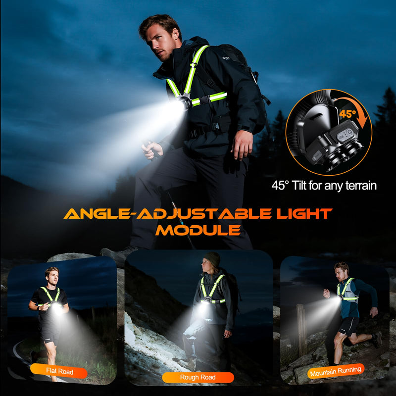 Running Lights for Runners 800LM, 6 Modes Running Light with 45°Adjustable Tilt, IPX5 Waterproof Rechargeable Visibility Reflective Vest for Night Walking/Cycling/Jogging, 4-25Hrs Runtime - BeesActive Australia