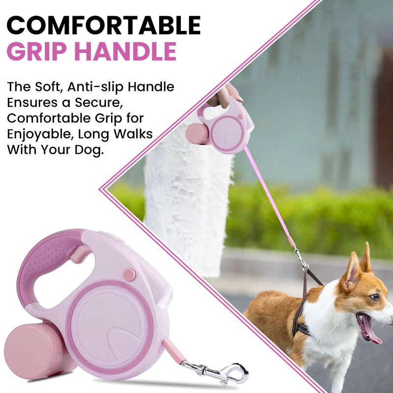 Best Dog Supplies | Pink Retractable Dog Leash with Light, Poop Bag Dispenser, Poop Bag Holder, 2 Elastic Ropes | Set of 4 - BeesActive Australia