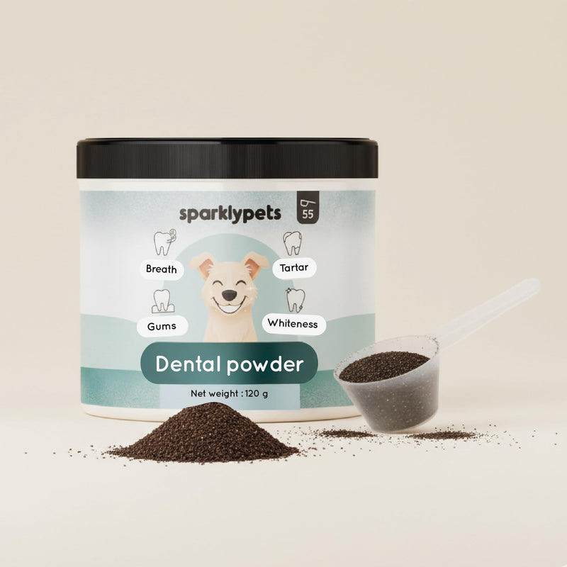 Sparkly Pets – Dental Powder for Dogs – Anti-Tartar & Plaque Cleaner, Tooth Whitening, Bad Breath & Gum Care – Eucalyptus, Prebiotics – French Brand – 120g (55 Scoops)