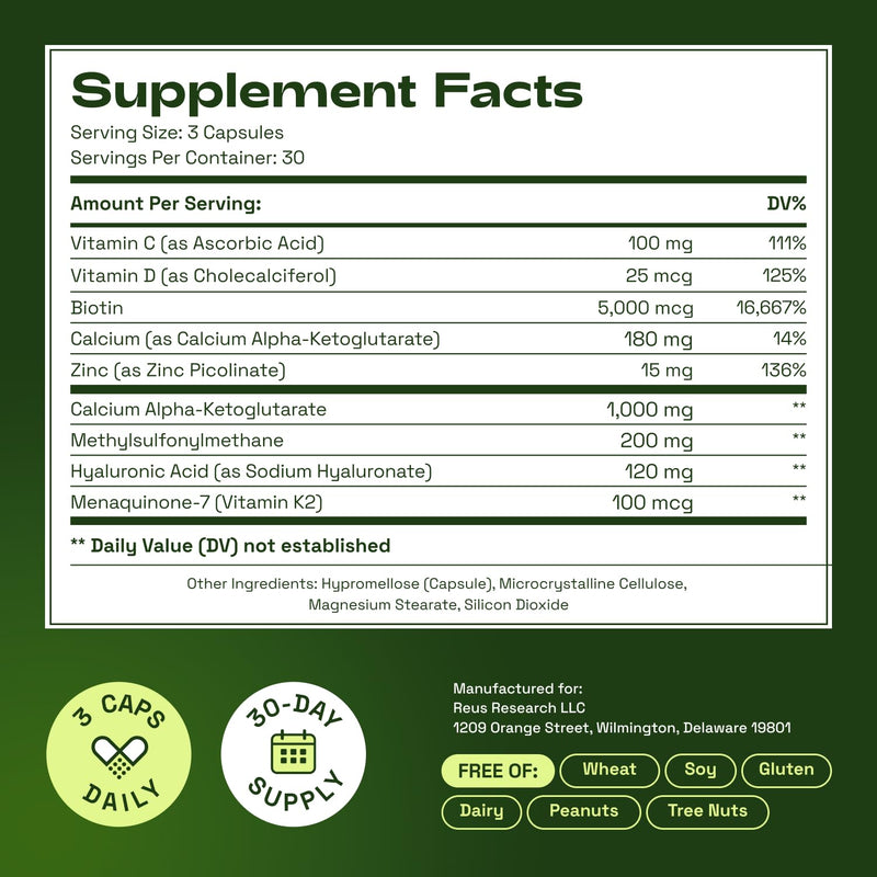 Cata-Kor Hair Skin and Nails Vitamins for Women – Biotin Hair Supplement | Hyaluronic Acid | Calcium AKG | MSM | Vitamin D3 K2 & C – Hair Growth Vitamins – 30 Day Supply (1 Pack) 90 Count (Pack of 1)