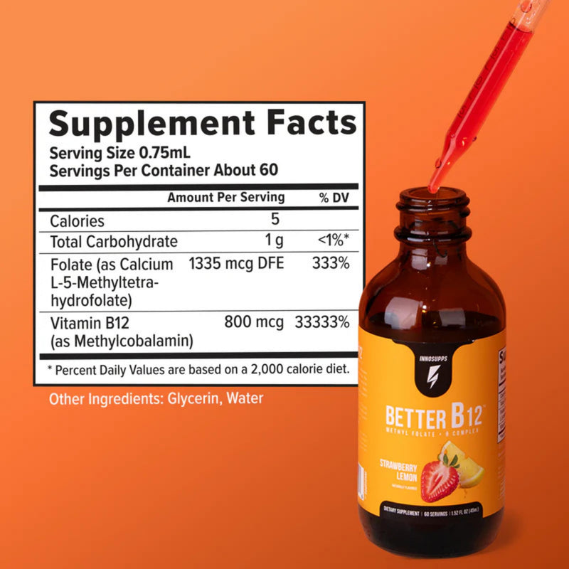 InnoSupps Better B12 Liquid Drops, Unflavored, 60 Servings | Folate & B12 methylcobalamin, promotes energy production, memory & focus, metabolism support