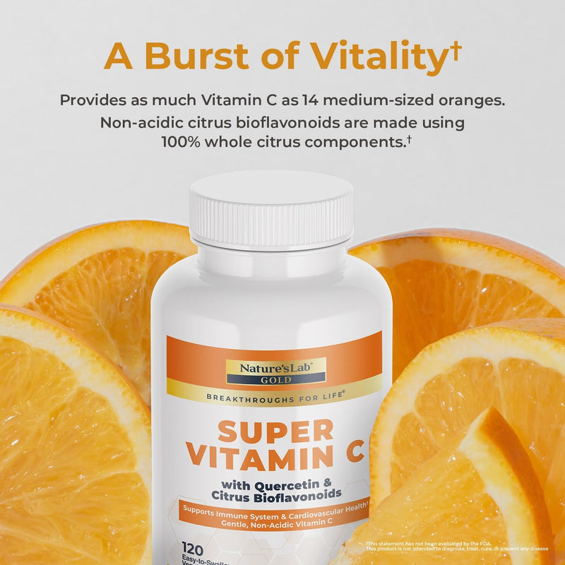Nature’s Lab Gold Super Vitamin C 1000mg – Immune System Support – Contains Bioflavonoids Complex & Quercetin – Non-Acidic, Non-GMO, Gluten Free, Vegan – 120 Capsules (2 Month Supply)