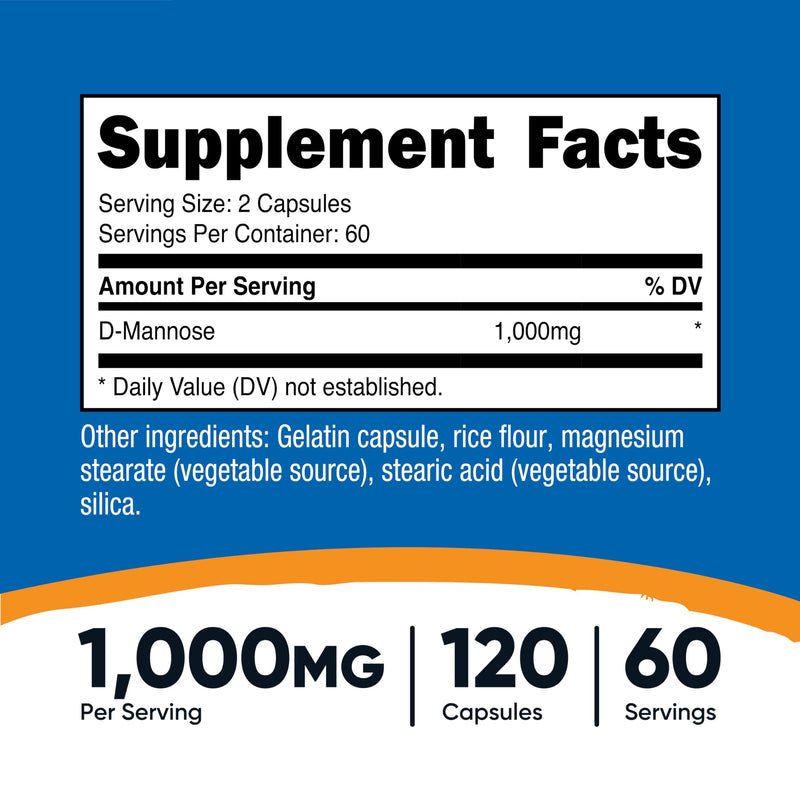 Nutricost D-Mannose 1000mg Per Serving, 120 Capsules - 500mg Per Capsule, Urinary Tract Health, Non-GMO and Gluten Free (Pack of 2) 120 Count (Pack of 2)