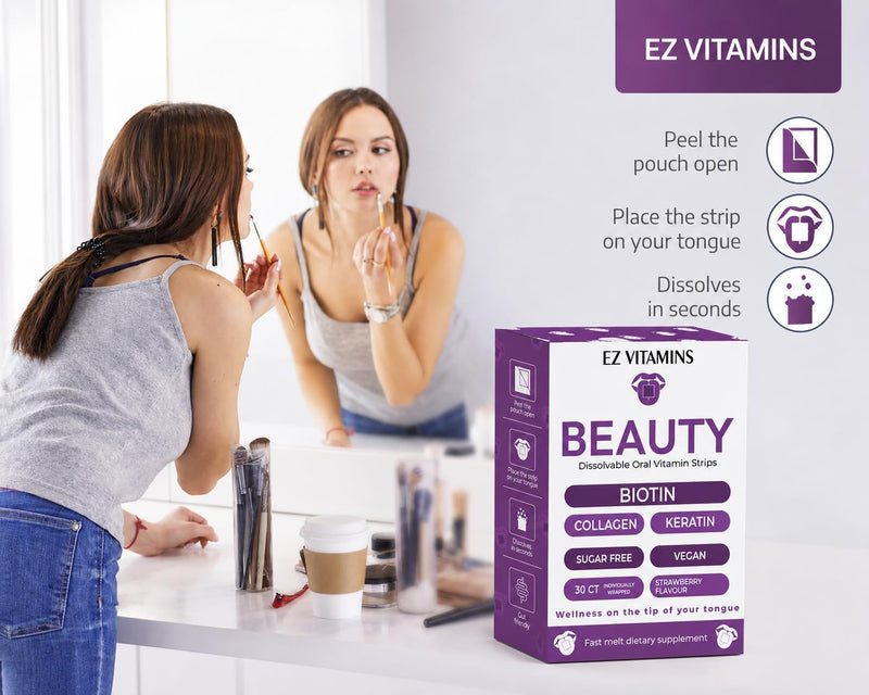Beauty Strips for Hair, Skin & Nails Growth, 30 ct | Collagen Oral Strips With Biotin, Vitamin E And Folate Support Strong Nails And Glowing Skin, Strawberry Flavor, Sugar-Free