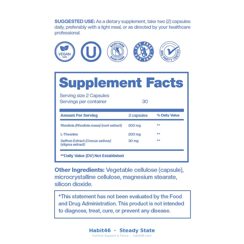 Steady State, Rhodiola L-Theanine Saffron, Cortisol Support, 60ct | Supports calm focus and a healthy stress response. Rhodiola 200mg, L-Theanine 200mg, Saffron 30mg. No stimulants, vegan.