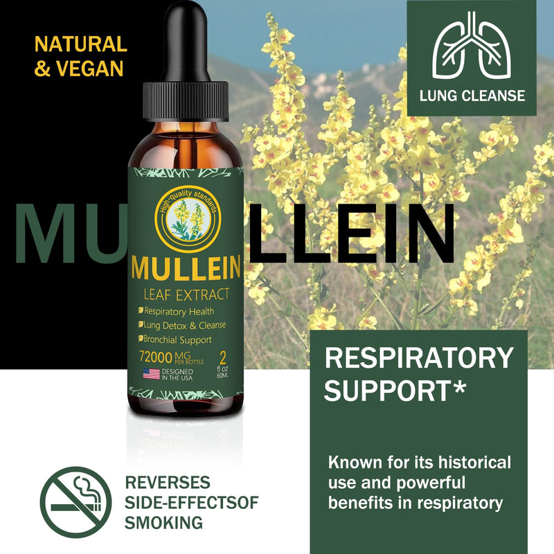 Mullein Drops for Lungs- Mullein Leaf Extract for Lungs-Support Lung Cleanse & Respiratory Function for Healthy Breathing | Non-GMO | Vegan | 2 fl oz Unflavoured