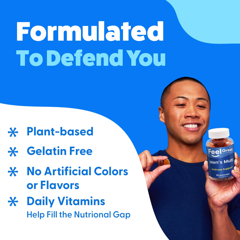 Feel Great Vitamin Co. Men's Multivitamin Gummies, Packed with Vitamin A, B-6, B-12, Biotin, C, D3, E, Iodine, Folic Acid, Zinc. Made in The USA. 45 Day Supply