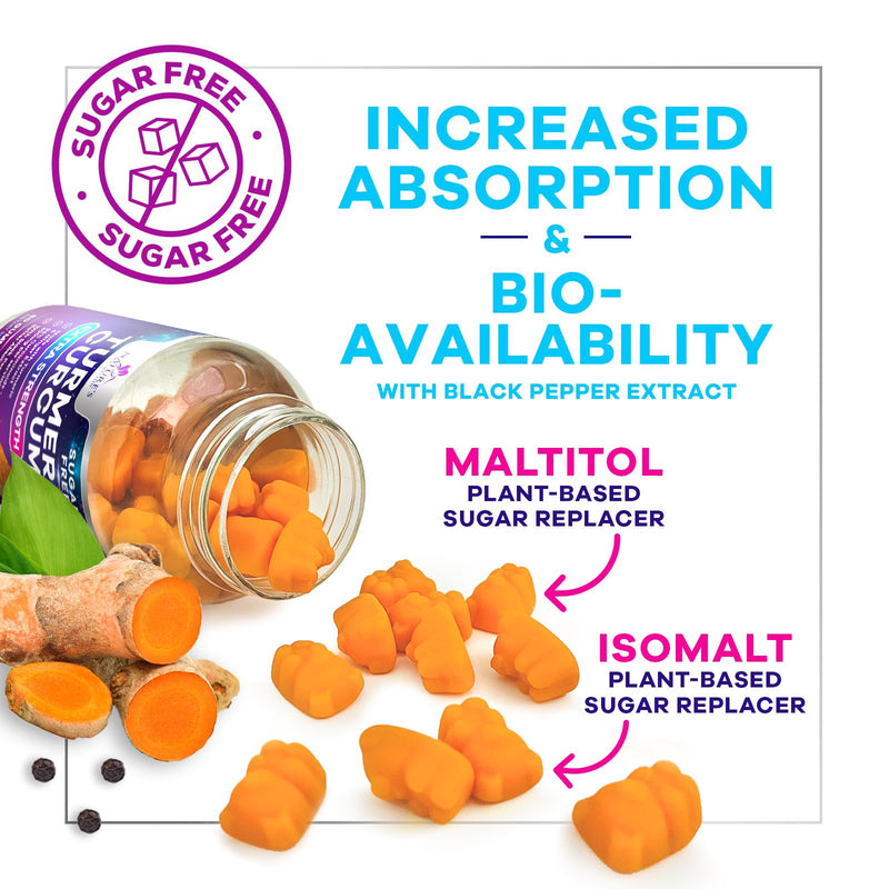 Turmeric Curcumin Gummies Sugar Free Supplement - 95% Curcuminoids with Turmeric & Ginger, Black Pepper for Best Absorption, Nature's Vegan Joint Support, Non-GMO, Tasty Peach Flavor - 60 Gummies