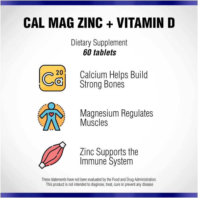 Calcium Magnesium Zinc Vitamin D Supplement 60 Tablets by Natural Systems - Calcium Magnesium Zinc and VIT D Supplements for Strong Immune System - Magnesium Supplement for the Immune System