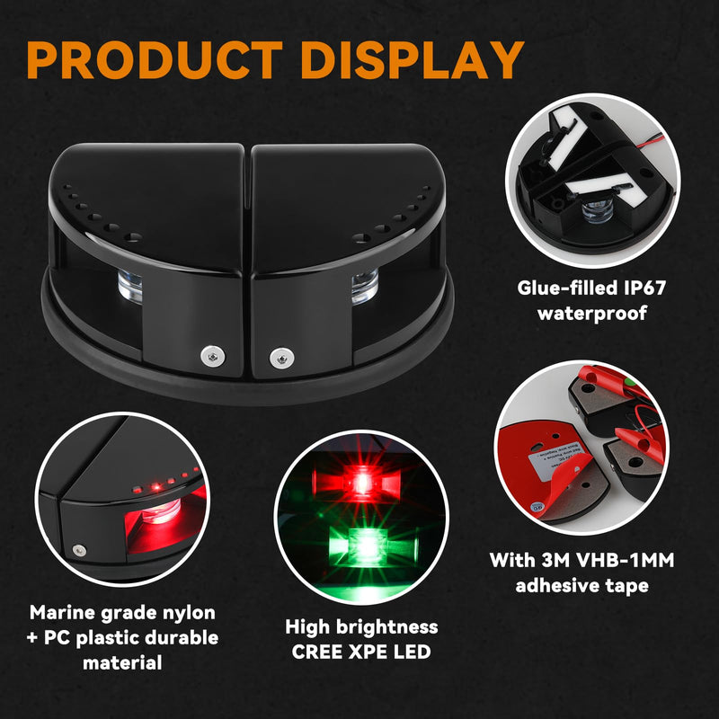 Boat Navigation Lights, Integrated Split 2-in-1 Red and Green LED Bow Lights, IP67 Waterproof Navigation Lights Boat Bow Lights for Pontoon, Yacht and Small Boats(Black)