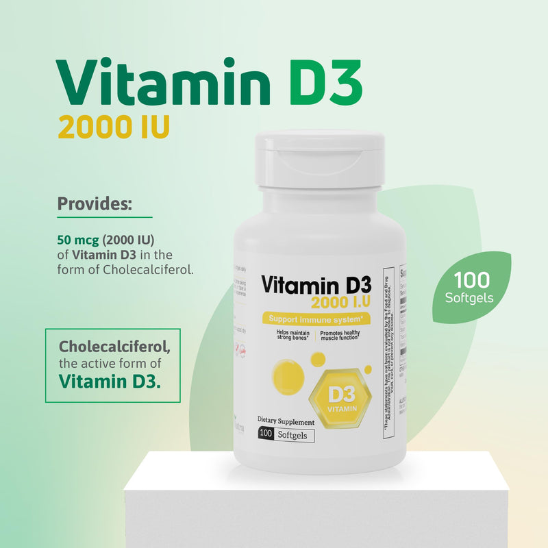 Vitamin D3 2000 IU Softgels Immune Bone Muscle Support 100 Count