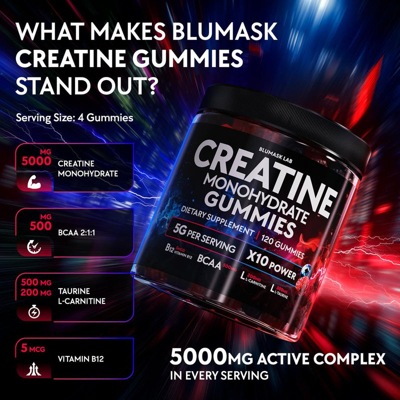 Creatine Monohydrate Gummies Complex 5000 MG for Men & Women with BCAA, L-Carnitine, Taurine & Vitamin B12, Strength & Energy Support, Flavored and Chewable