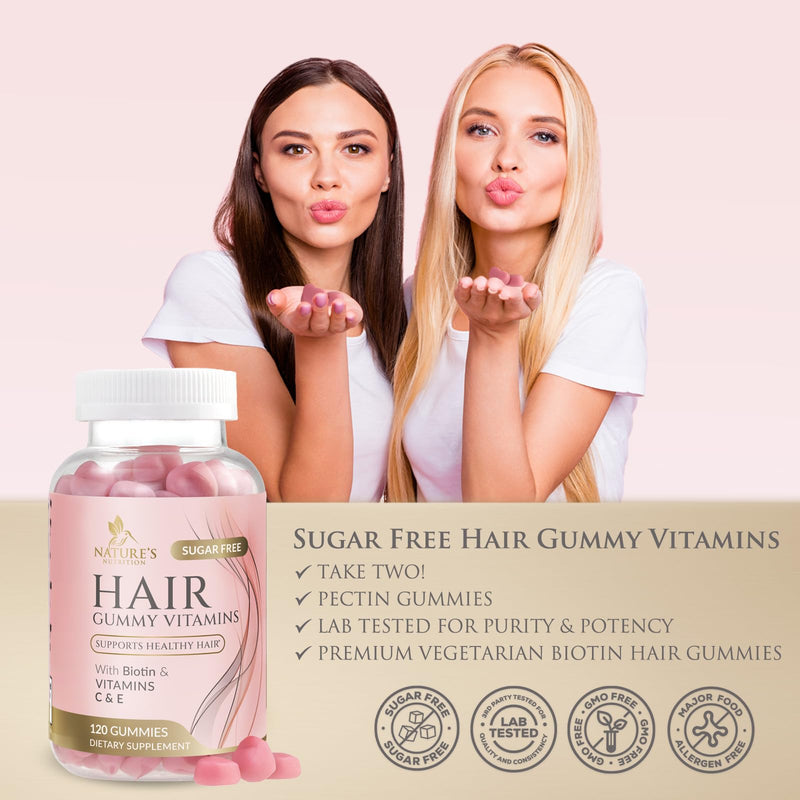 Hair Vitamins Gummies - Sugar Free Hair Growth Support Gummy with Biotin 5000 mcg Per Serving, Vitamin A, B12, C, D, E, Folic Acid - Supports Strong Beautiful Hair and Nails, Vegetarian - 120 Gummies 120 Count (Pack of 1)