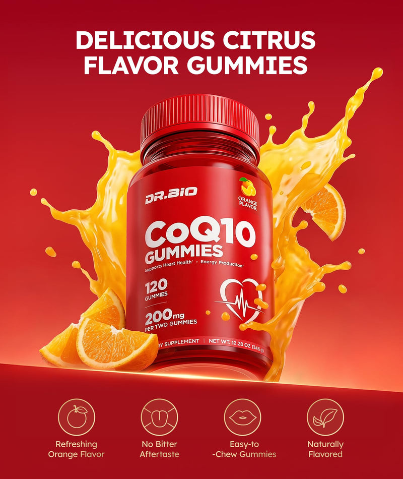 DR.BIO CoQ10 200mg Gummies with Vitamin E Black Pepper Extract-Heart Health & Cellular Energy Support, Antioxidant Formula, Orange Pectin Gummies, Easy-to-Chew Daily Supplement for Adults (118 Count) 118 Count (Pack of 1)