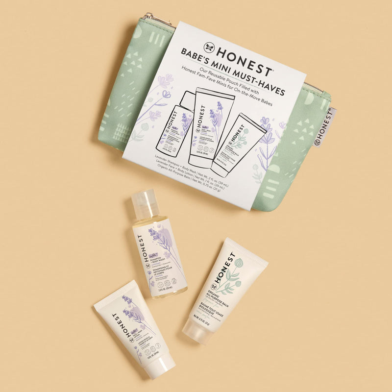 The Honest Company Babe's Mini Must Haves Gift Set | Travel Size Lavender Shampoo + Body Wash (2 fl oz), Face + Body Lotion (1 fl oz), Organic All Purpose Balm (.75 oz), Reusable Pouch - BeesActive Australia