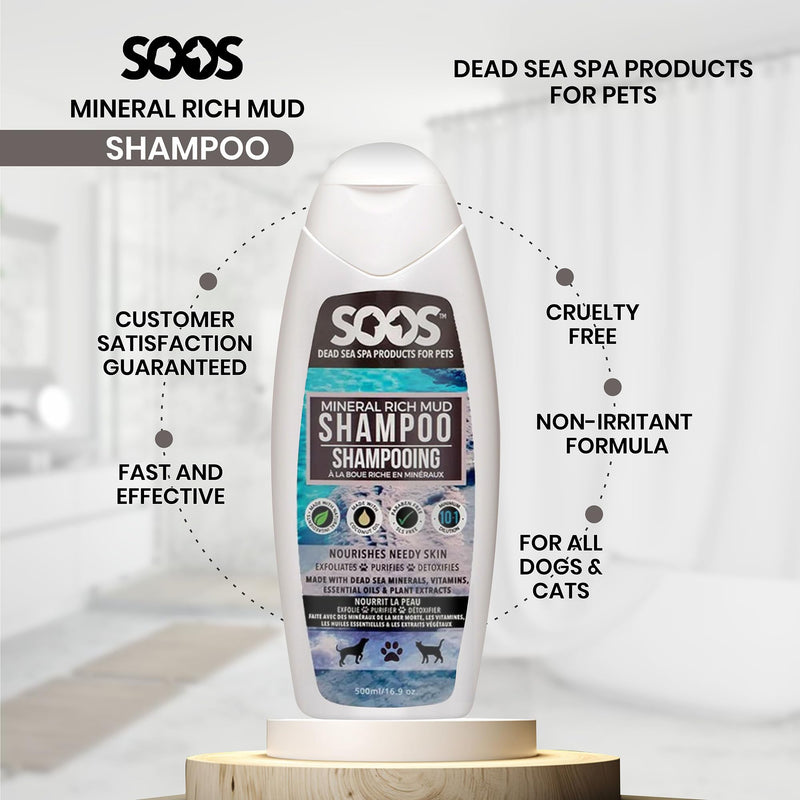 Soos Pet Dog Shampoo for Cats and Pets Mineral Rich Mud Natural Dead Sea Cruelty Free Fast Absorbing Skin Cooling First Aid Antib-acterial and Antif-ungal Odor Remover - 1x Pet Shampoo (500ml) - PawsPlanet Australia