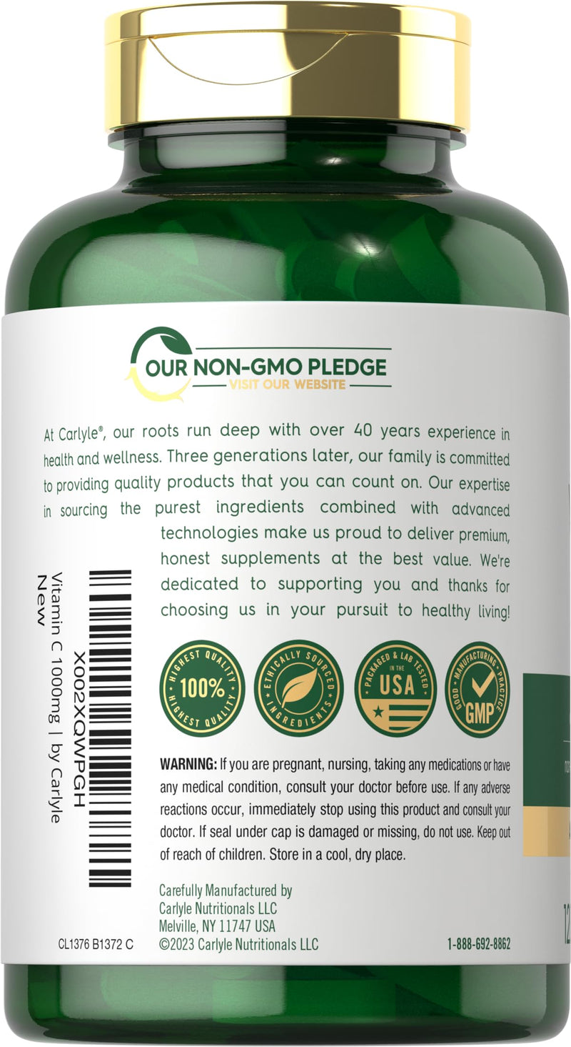 Carlyle Vitamin C 1000mg | Timed Release | 120 Vegetarian Caplets | with Rose Hips | Non-GMO & Gluten Free Supplement