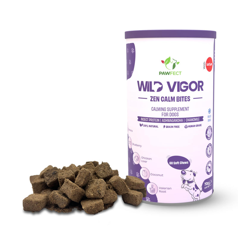 Pawfect Wild Vigor Zen Calm Bites - Calming Supplement for Dogs - All Natural - Grain Free - Enriched with Insect Protein, Chamomile, Valerian Root, Ashwagandha & Choline (70g/2.46oz)