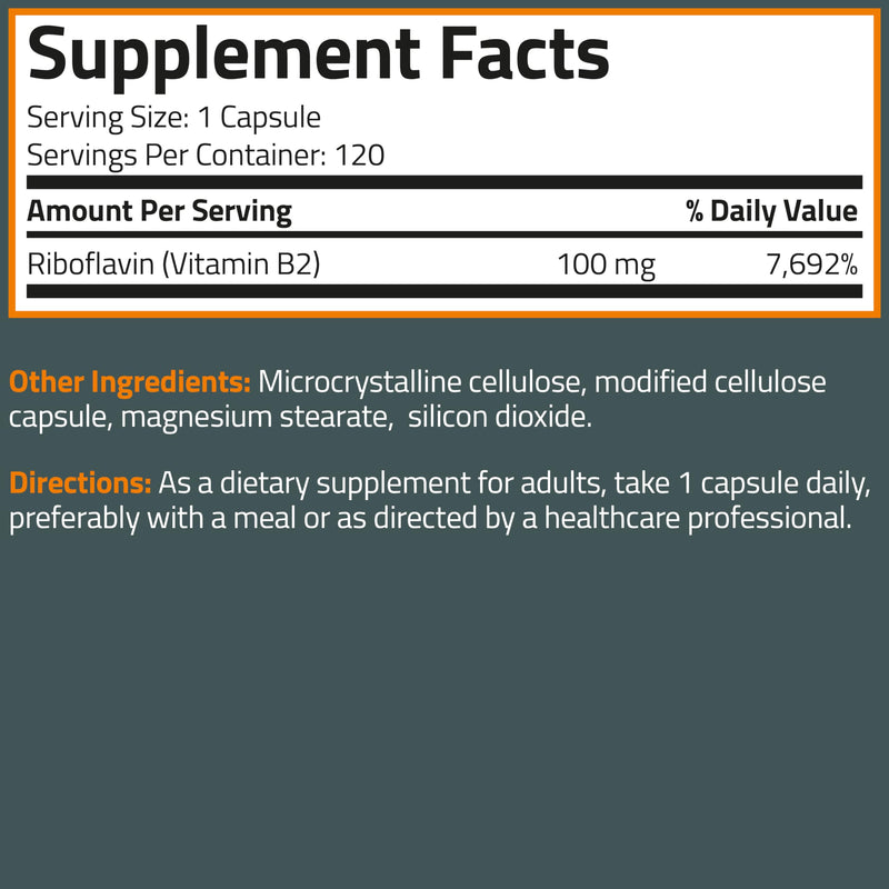 Bronson Vitamin B2 100mg Non-GMO, 120 Vegetarian Capsules 120 Count (Pack of 1)