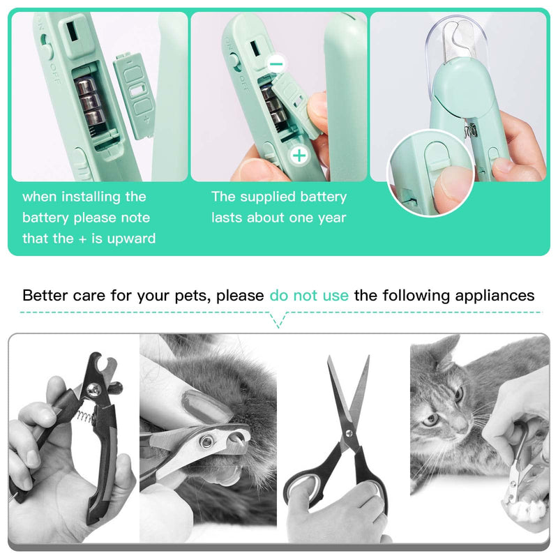 Sosayet Claw Grinder for Dogs Cats LED Light for Claw Scissors for Cats Dogs with Nail File and Splash-Proof Protective Device for Medium and Small Pets Claw Care (Green) - BeesActive Australia