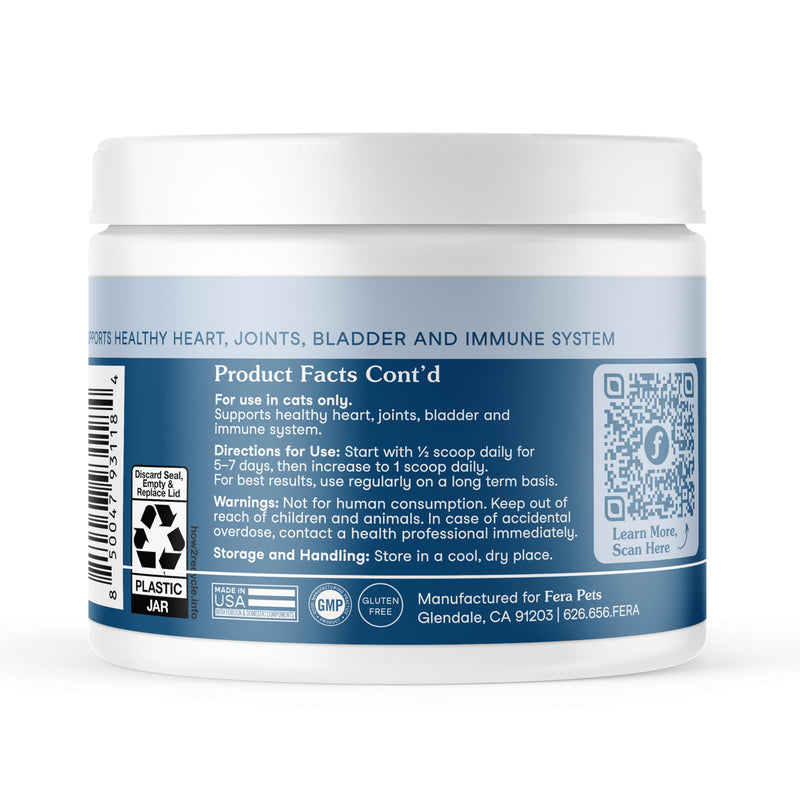 Fera Pets Wellness Blend - Cat Health Supplement with Feline-Specific Probiotics, Taurine and Lysine - Promotes Healthy Joints, Immunity, Heart & Bladder -Powder - 60 Scoops
