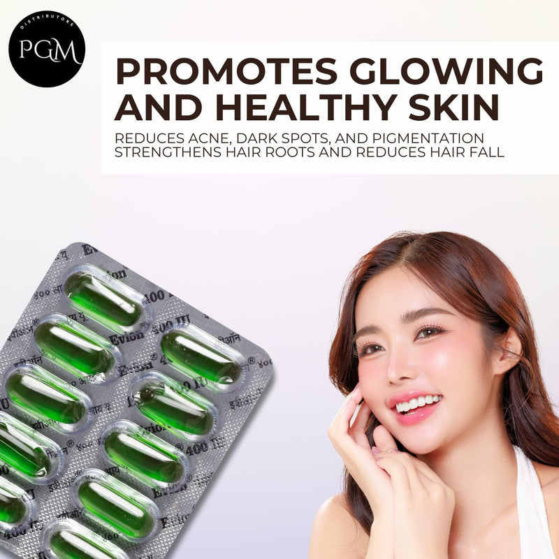 50 Evion Capsules Vitamin E For Glowing Face,Strong Hair,Acne,Nails, Glowing Skin 400mg